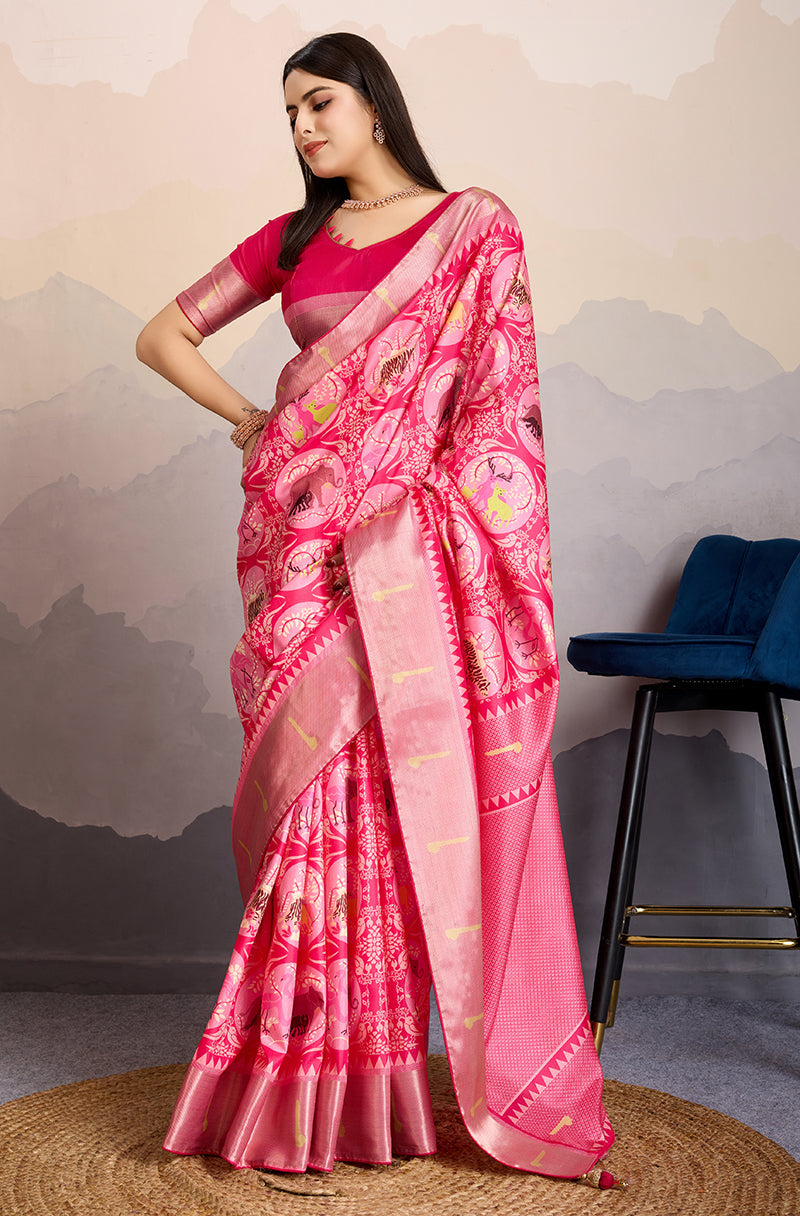 Monjolika Fashion Rani Pink Zari Border Work Dola Satin Digital Printed Trendy Saree | Grocsy