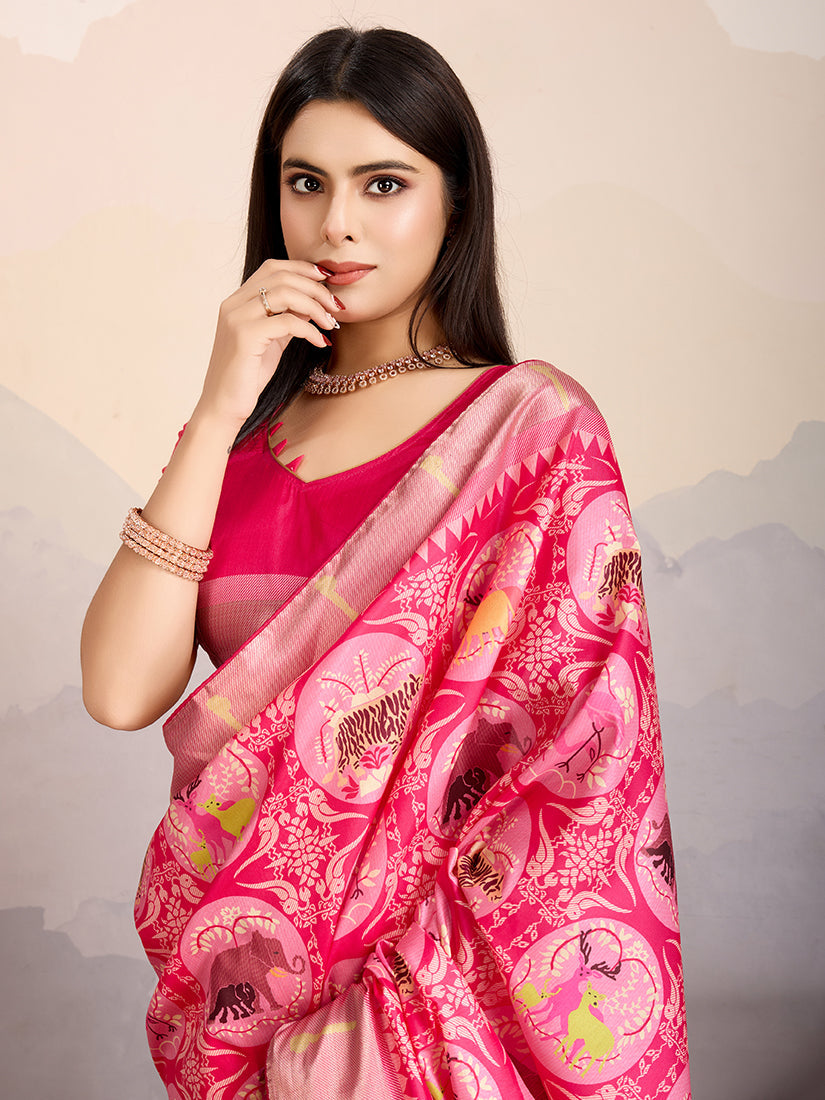 Monjolika Fashion Rani Pink Zari Border Work Dola Satin Digital Printed Trendy Saree | Grocsy