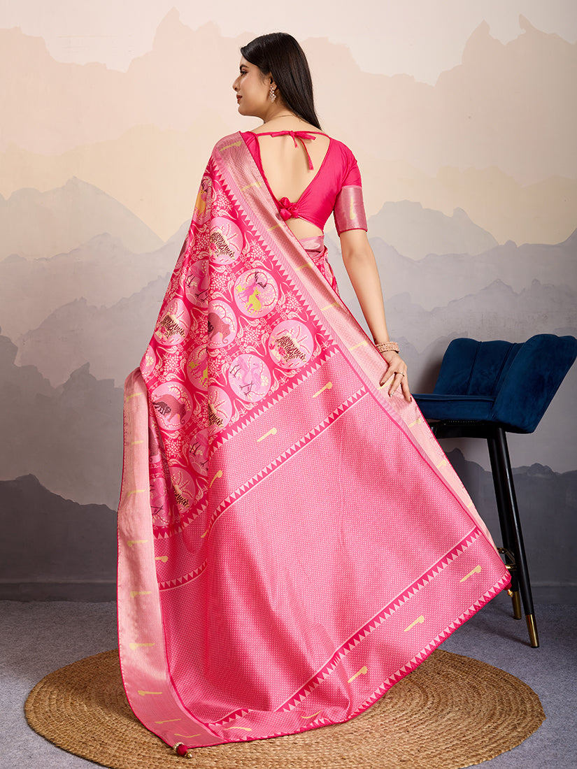 Monjolika Fashion Rani Pink Zari Border Work Dola Satin Digital Printed Trendy Saree | Grocsy