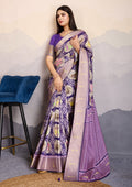 Monjolika Fashion Purple Zari Border Work Dola Satin Digital Printed Trendy Saree | Grocsy