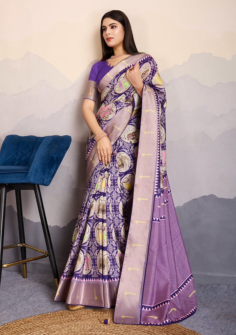 Monjolika Fashion Purple Zari Border Work Dola Satin Digital Printed Trendy Saree | Grocsy