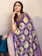Monjolika Fashion Purple Zari Border Work Dola Satin Digital Printed Trendy Saree | Grocsy