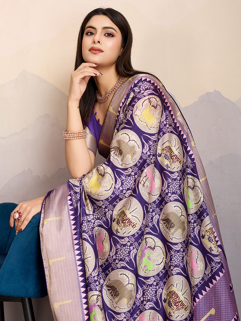 Monjolika Fashion Purple Zari Border Work Dola Satin Digital Printed Trendy Saree | Grocsy