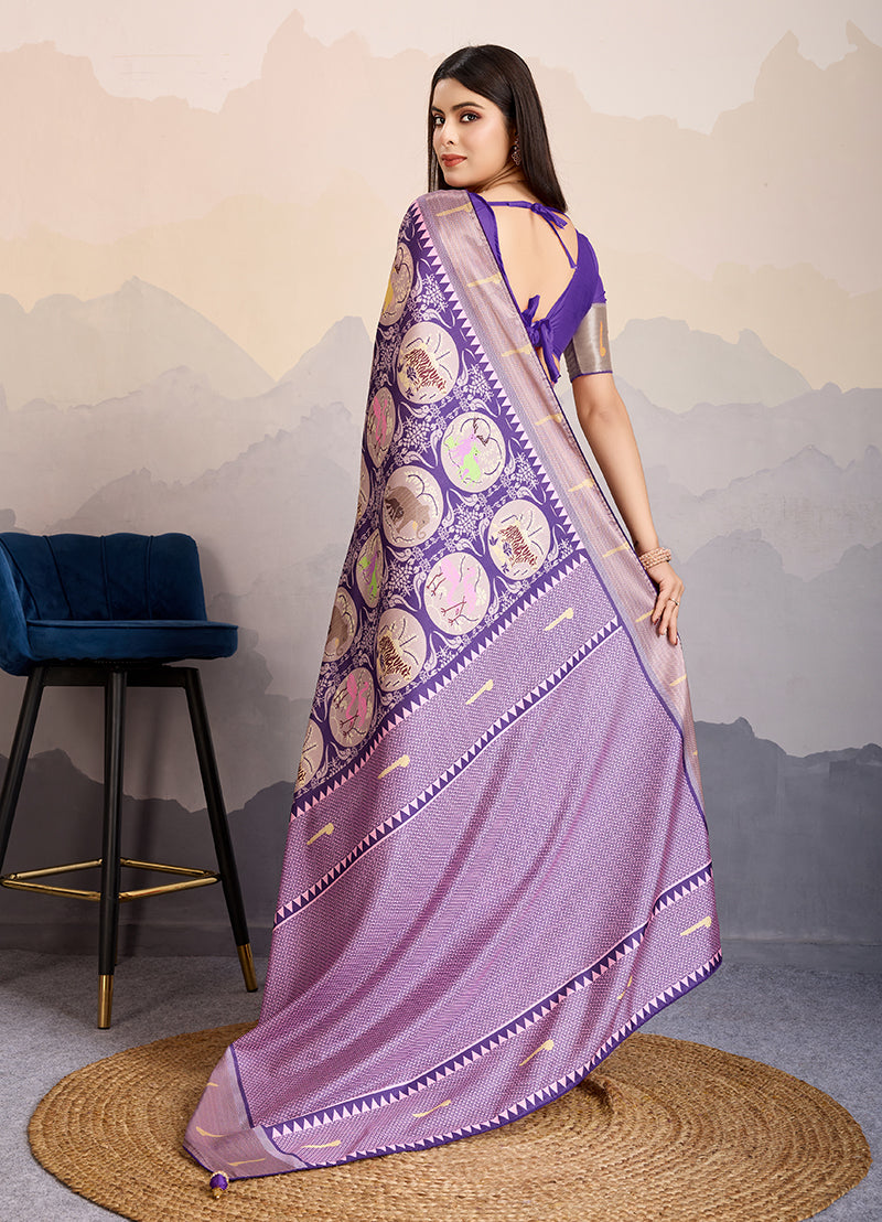 Monjolika Fashion Purple Zari Border Work Dola Satin Digital Printed Trendy Saree | Grocsy