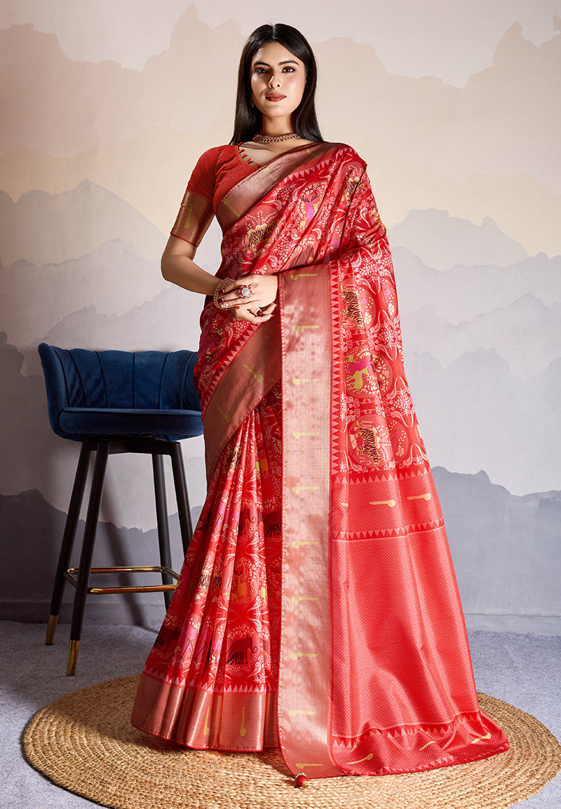 Monjolika Fashion Red Zari Border Work Dola Satin Digital Printed Trendy Saree | Grocsy