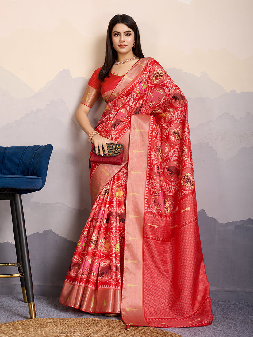 Monjolika Fashion Red Zari Border Work Dola Satin Digital Printed Trendy Saree | Grocsy