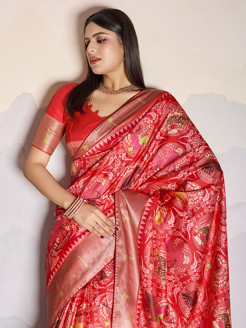 Monjolika Fashion Red Zari Border Work Dola Satin Digital Printed Trendy Saree | Grocsy