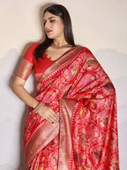 Monjolika Fashion Red Zari Border Work Dola Satin Digital Printed Trendy Saree | Grocsy