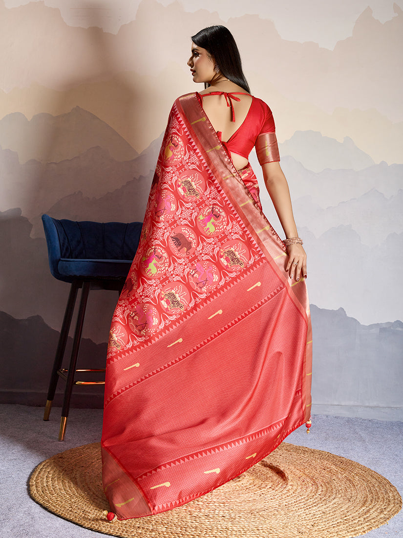 Monjolika Fashion Red Zari Border Work Dola Satin Digital Printed Trendy Saree | Grocsy