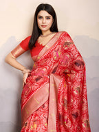 Monjolika Fashion Red Zari Border Work Dola Satin Digital Printed Trendy Saree | Grocsy