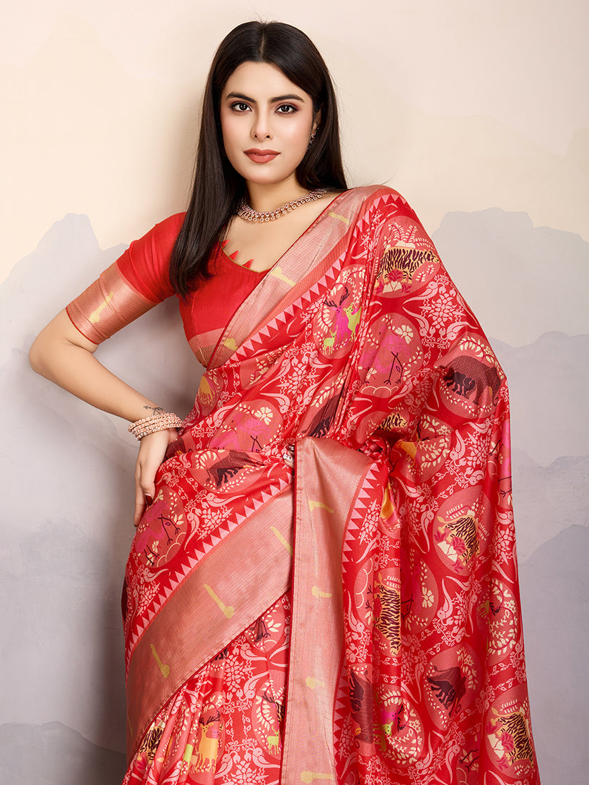 Monjolika Fashion Red Zari Border Work Dola Satin Digital Printed Trendy Saree | Grocsy