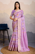 Monjolika Fashion Lilac Zari Border Work Dola Satin Digital Printed Trendy Saree | Grocsy