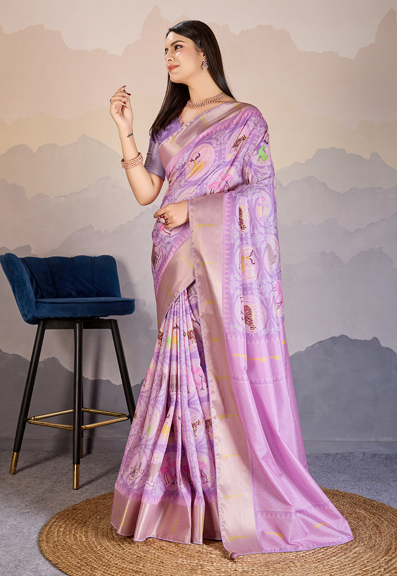 Monjolika Fashion Lilac Zari Border Work Dola Satin Digital Printed Trendy Saree | Grocsy