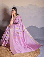 Monjolika Fashion Lilac Zari Border Work Dola Satin Digital Printed Trendy Saree | Grocsy