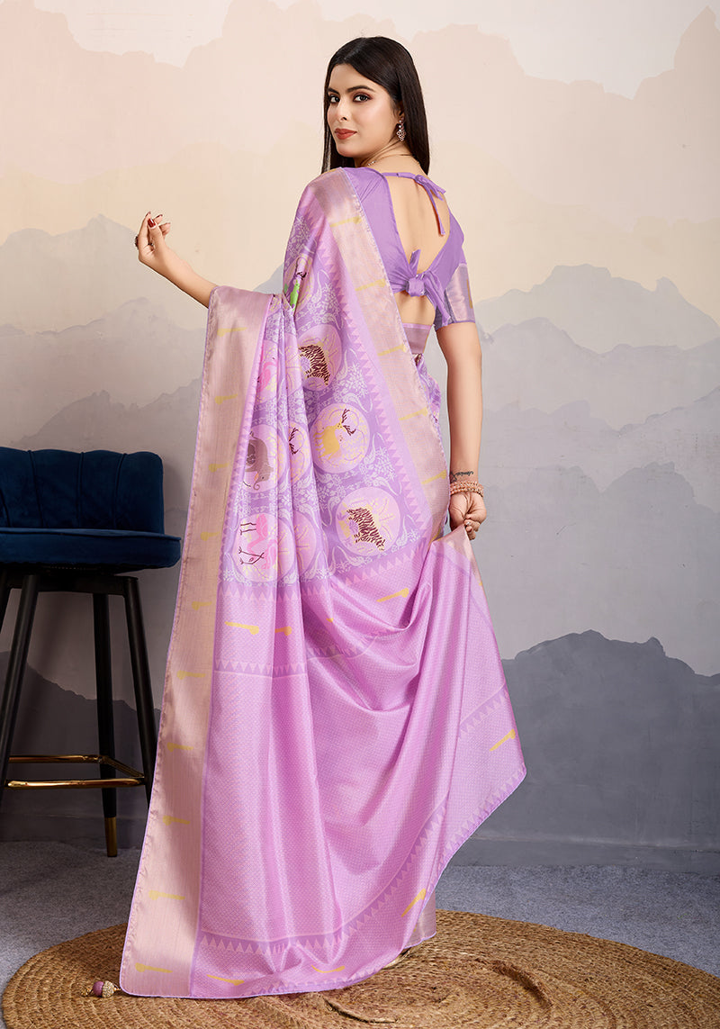 Monjolika Fashion Lilac Zari Border Work Dola Satin Digital Printed Trendy Saree | Grocsy