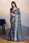Monjolika Fashion Navy Blue Zari Border Work Dola Satin Digital Printed Trendy Saree | Grocsy
