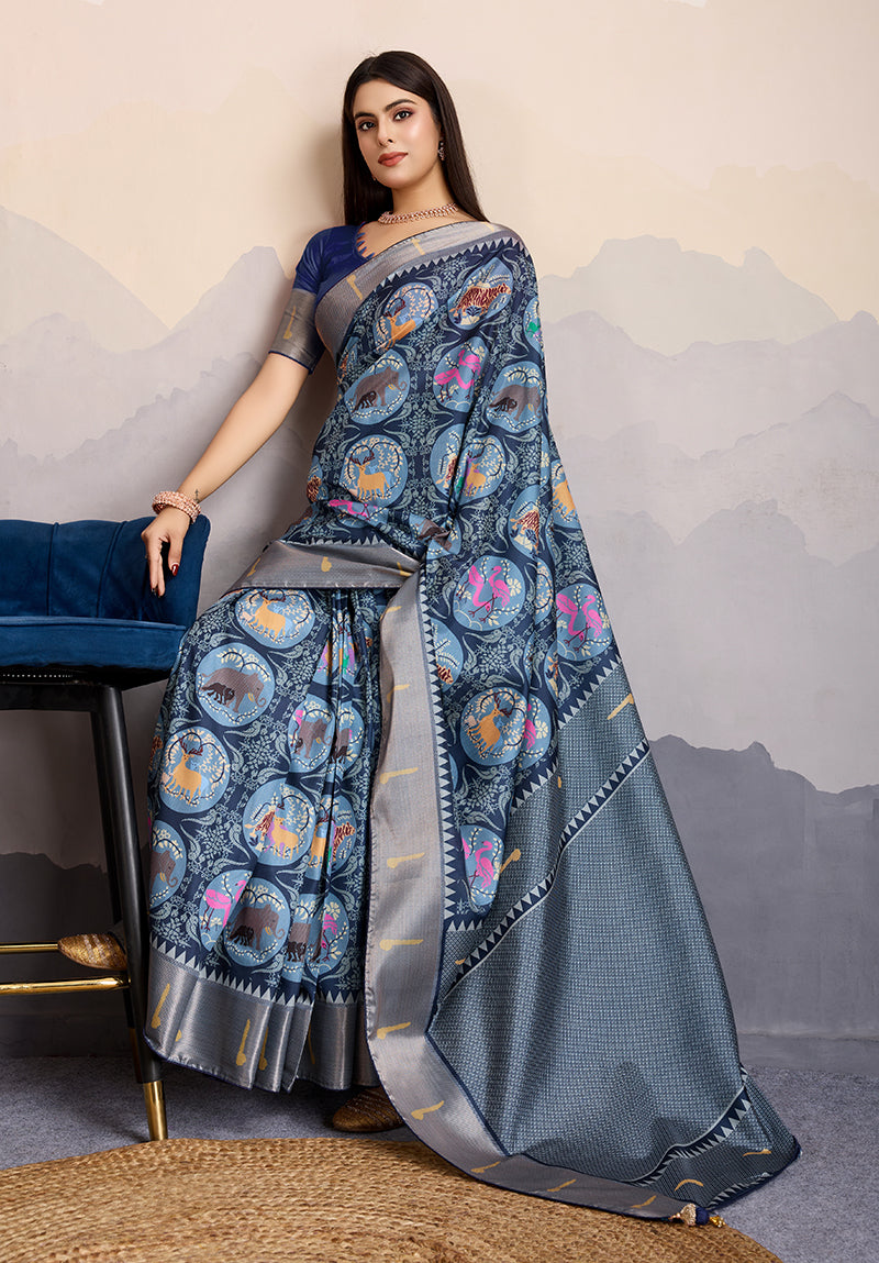 Monjolika Fashion Navy Blue Zari Border Work Dola Satin Digital Printed Trendy Saree | Grocsy