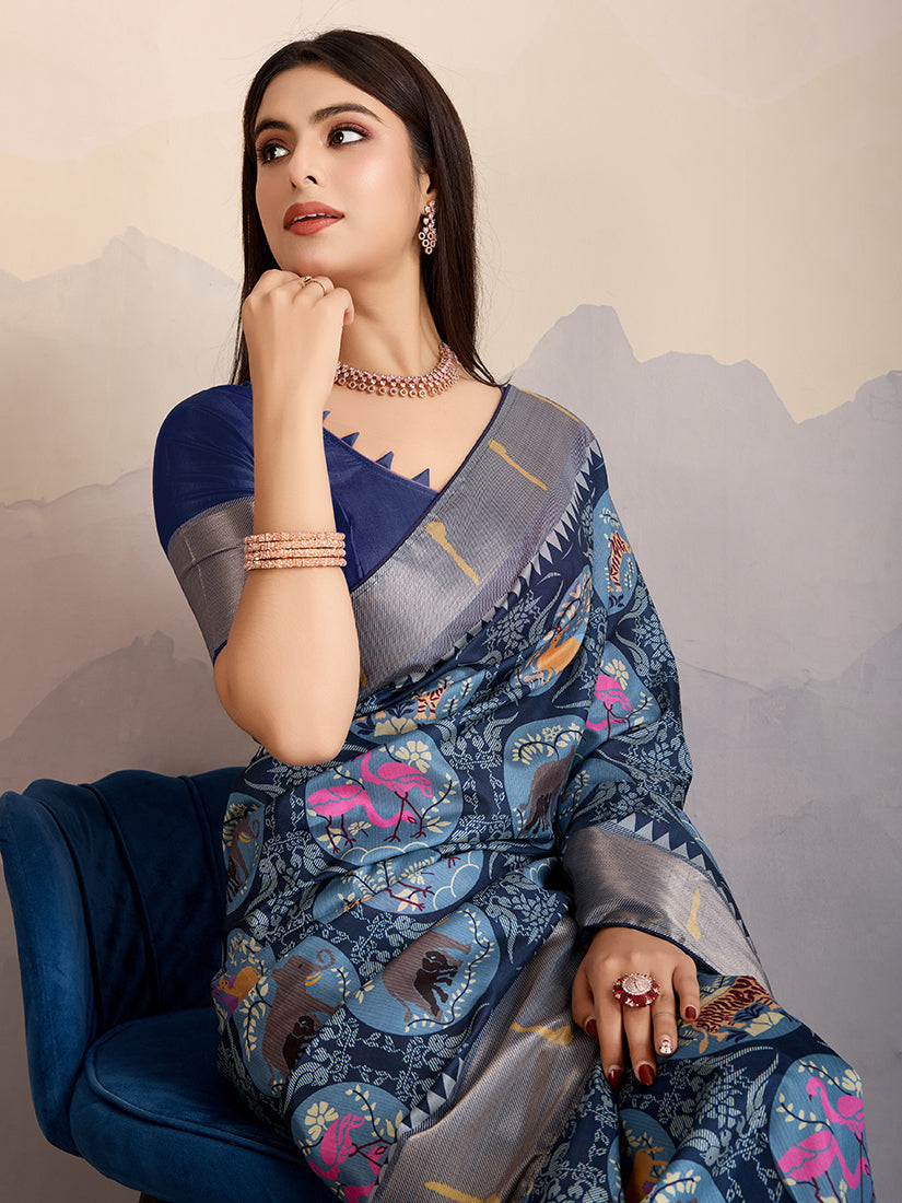 Monjolika Fashion Navy Blue Zari Border Work Dola Satin Digital Printed Trendy Saree | Grocsy
