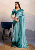 Monjolika Fashion Teal Blue Color Satin Crepe Pearl Lace Border Party Wear Saree | Grocsy