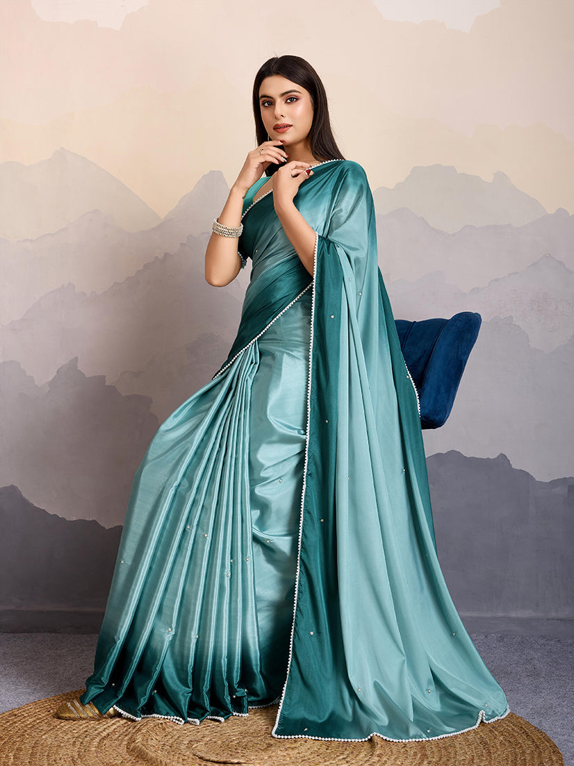 Monjolika Fashion Teal Blue Color Satin Crepe Pearl Lace Border Party Wear Saree | Grocsy