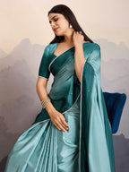 Monjolika Fashion Teal Blue Color Satin Crepe Pearl Lace Border Party Wear Saree | Grocsy