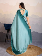 Monjolika Fashion Teal Blue Color Satin Crepe Pearl Lace Border Party Wear Saree | Grocsy