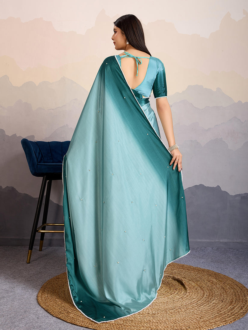 Monjolika Fashion Teal Blue Color Satin Crepe Pearl Lace Border Party Wear Saree | Grocsy