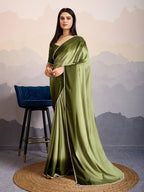 Monjolika Fashion Olive Green Color Satin Crepe Pearl Lace Border Party Wear Saree | Grocsy