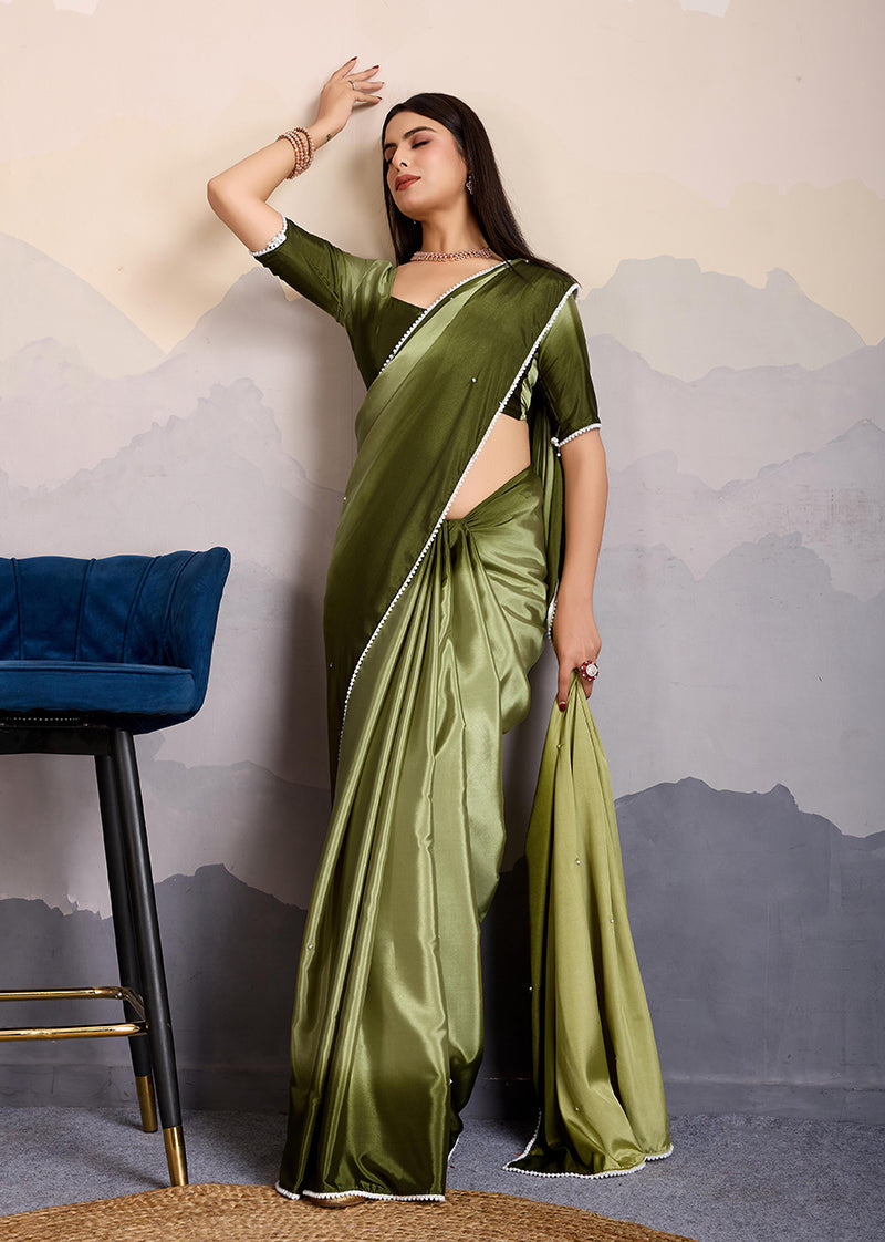 Monjolika Fashion Olive Green Color Satin Crepe Pearl Lace Border Party Wear Saree | Grocsy