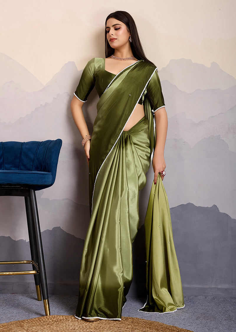 Monjolika Fashion Olive Green Color Satin Crepe Pearl Lace Border Party Wear Saree | Grocsy