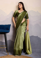 Monjolika Fashion Olive Green Color Satin Crepe Pearl Lace Border Party Wear Saree | Grocsy