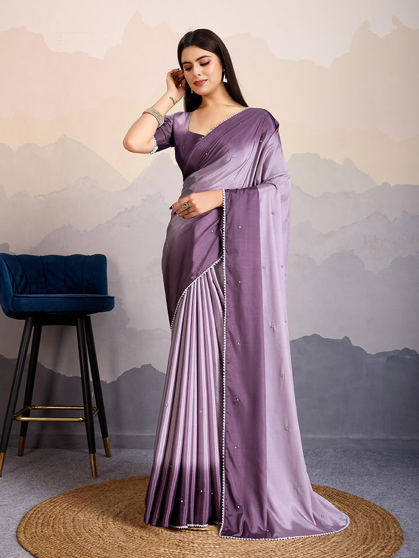 Monjolika Fashion Purple Color Satin Crepe Pearl Lace Border Party Wear Saree | Grocsy