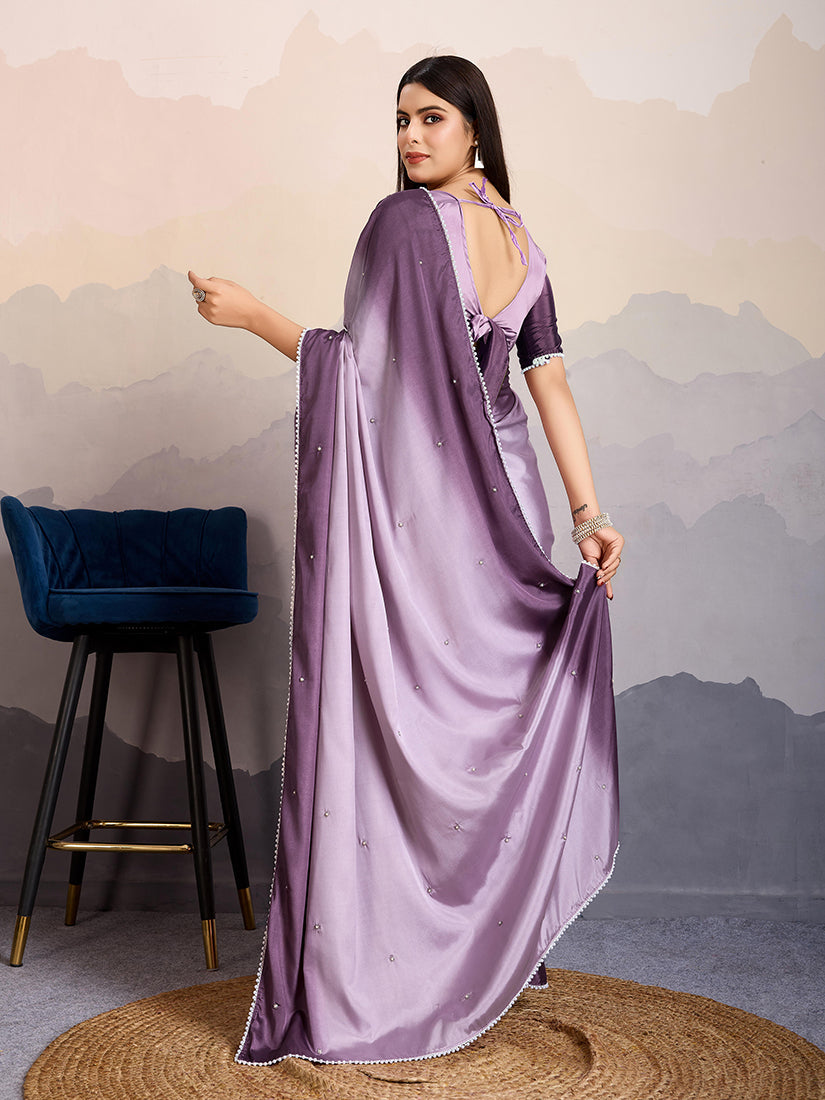 Monjolika Fashion Purple Color Satin Crepe Pearl Lace Border Party Wear Saree | Grocsy