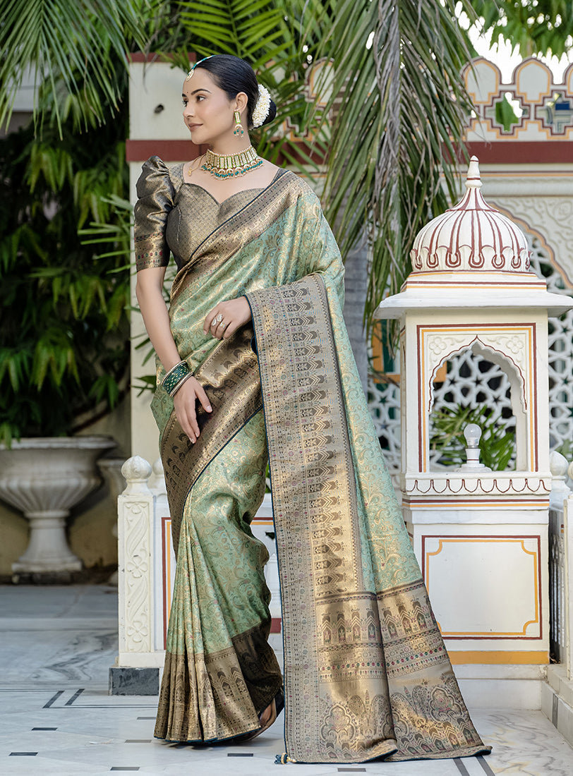 Monjolika Fashion Light Cyan Color Kanjivaram Silk Meenakari Weaving Work Classic Saree | Grocsy