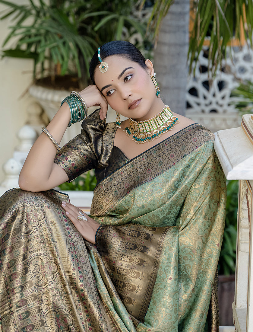 Monjolika Fashion Light Cyan Color Kanjivaram Silk Meenakari Weaving Work Classic Saree | Grocsy