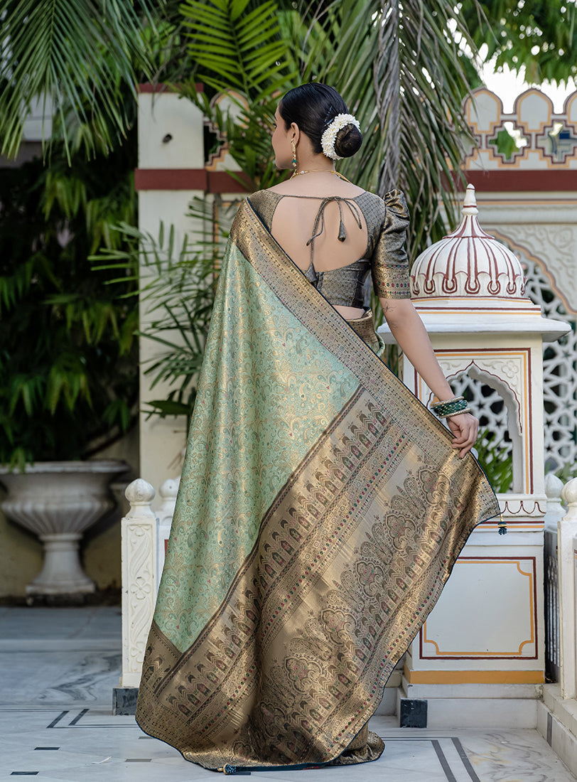 Monjolika Fashion Light Cyan Color Kanjivaram Silk Meenakari Weaving Work Classic Saree | Grocsy