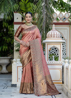 Monjolika Fashion Light Red Color Kanjivaram Silk Meenakari Weaving Work Classic Saree | Grocsy