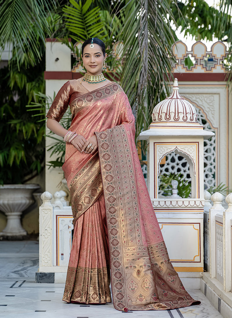 Monjolika Fashion Light Red Color Kanjivaram Silk Meenakari Weaving Work Classic Saree | Grocsy