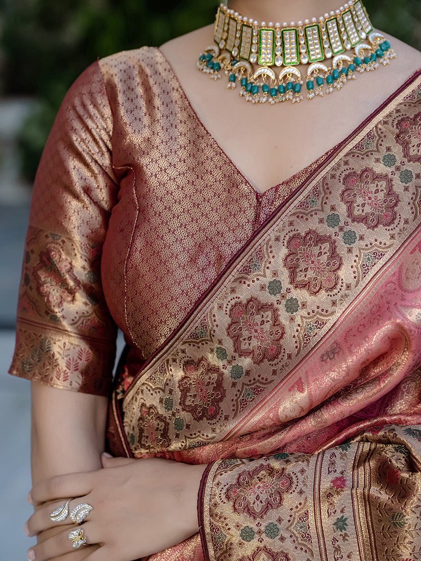 Monjolika Fashion Light Red Color Kanjivaram Silk Meenakari Weaving Work Classic Saree | Grocsy