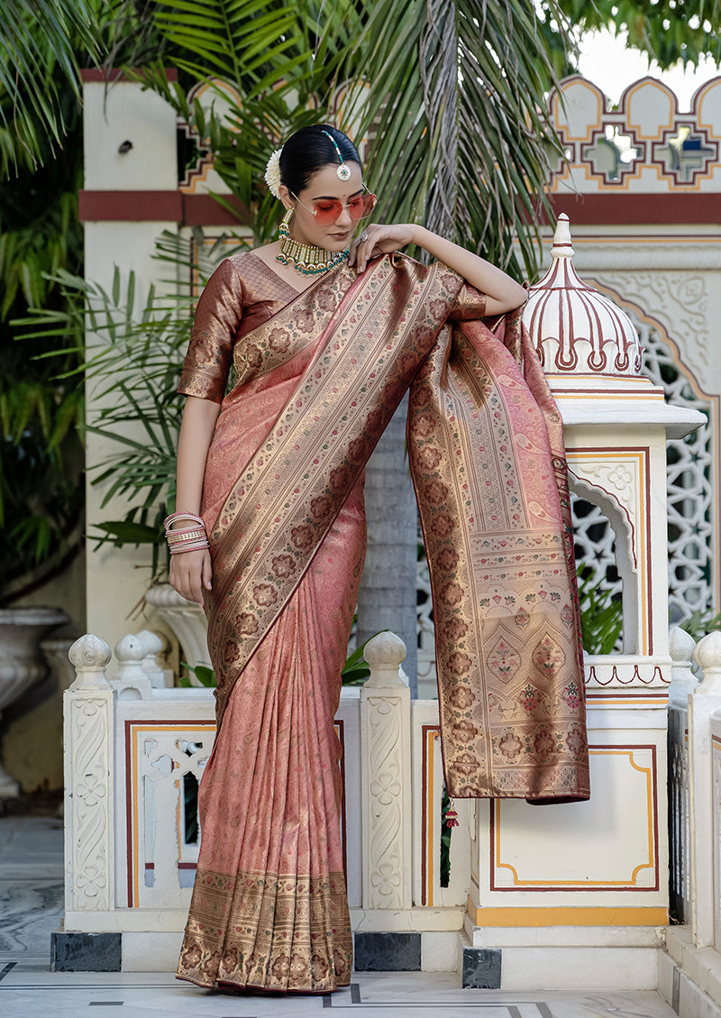 Monjolika Fashion Light Red Color Kanjivaram Silk Meenakari Weaving Work Classic Saree | Grocsy