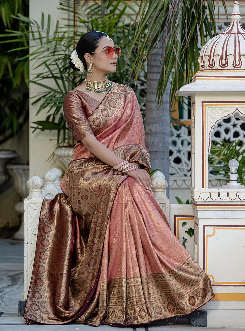 Monjolika Fashion Light Red Color Kanjivaram Silk Meenakari Weaving Work Classic Saree | Grocsy
