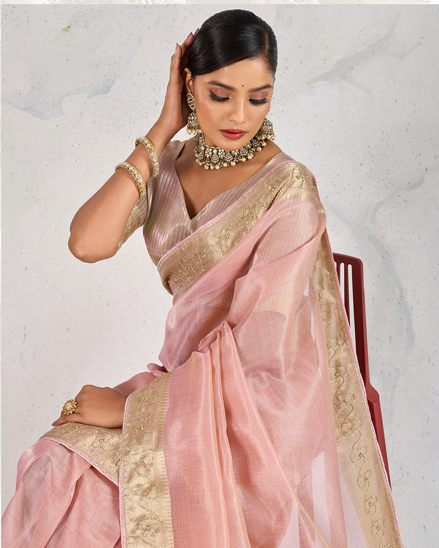 Monjolika Fashion Tissue Linen Light Pink Color Woven Classic Saree | Grocsy