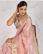 Monjolika Fashion Tissue Linen Light Pink Color Woven Classic Saree | Grocsy