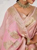 Monjolika Fashion Tissue Linen Light Pink Color Woven Classic Saree | Grocsy