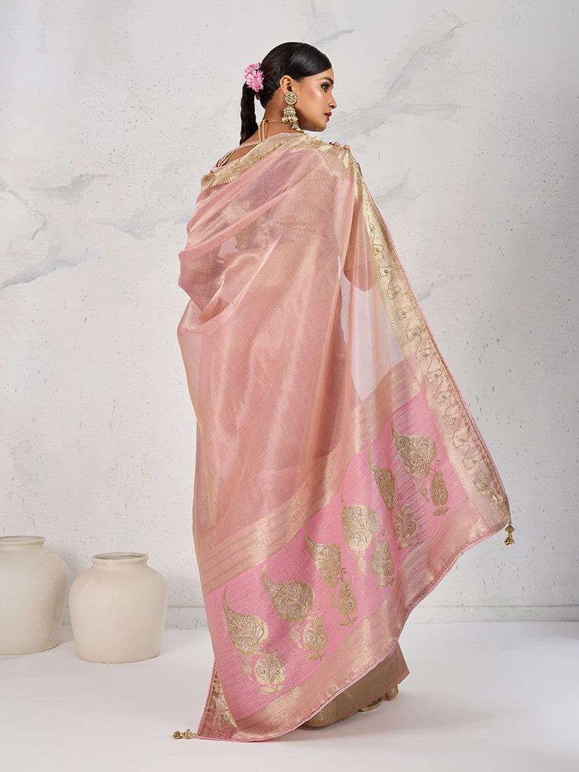 Monjolika Fashion Tissue Linen Light Pink Color Woven Classic Saree | Grocsy