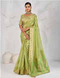 Monjolika Fashion Tissue Linen Parrot Green Color Woven Classic Saree | Grocsy