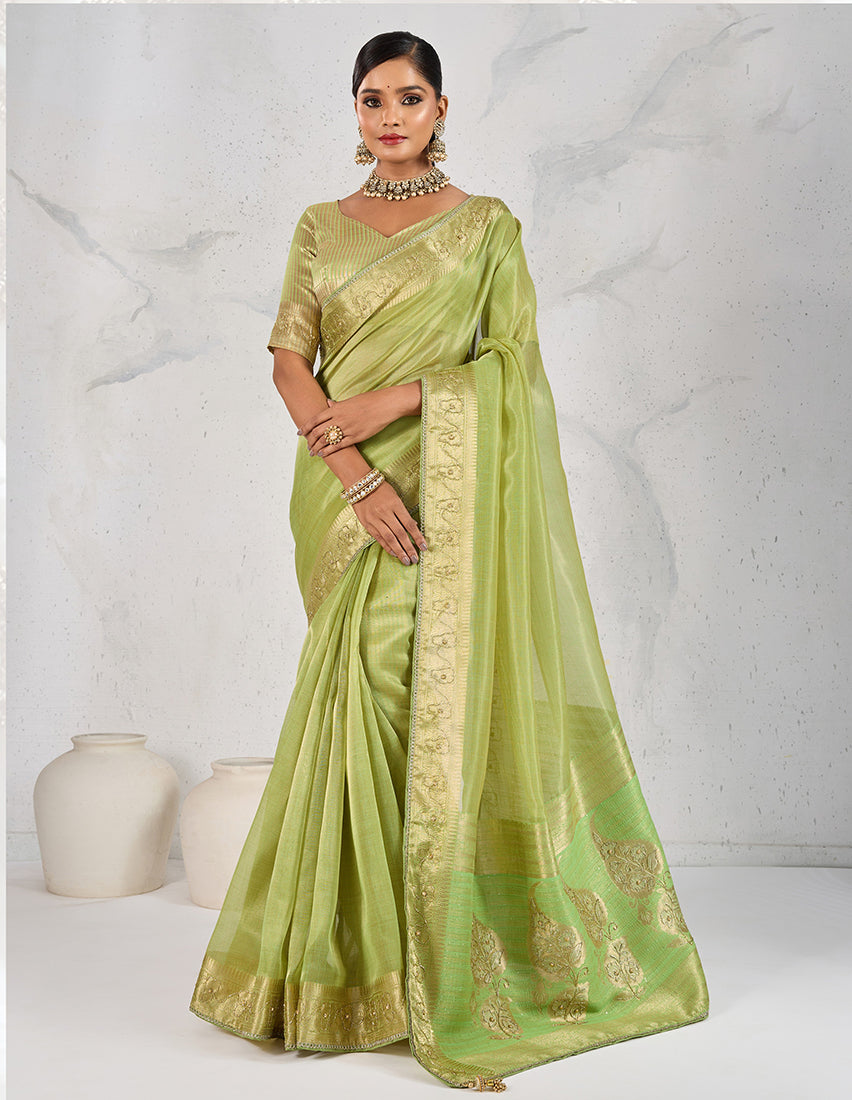Monjolika Fashion Tissue Linen Parrot Green Color Woven Classic Saree | Grocsy
