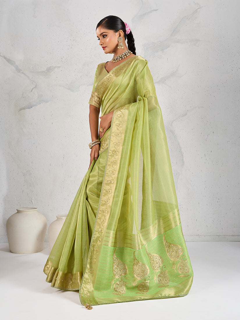 Monjolika Fashion Tissue Linen Parrot Green Color Woven Classic Saree | Grocsy