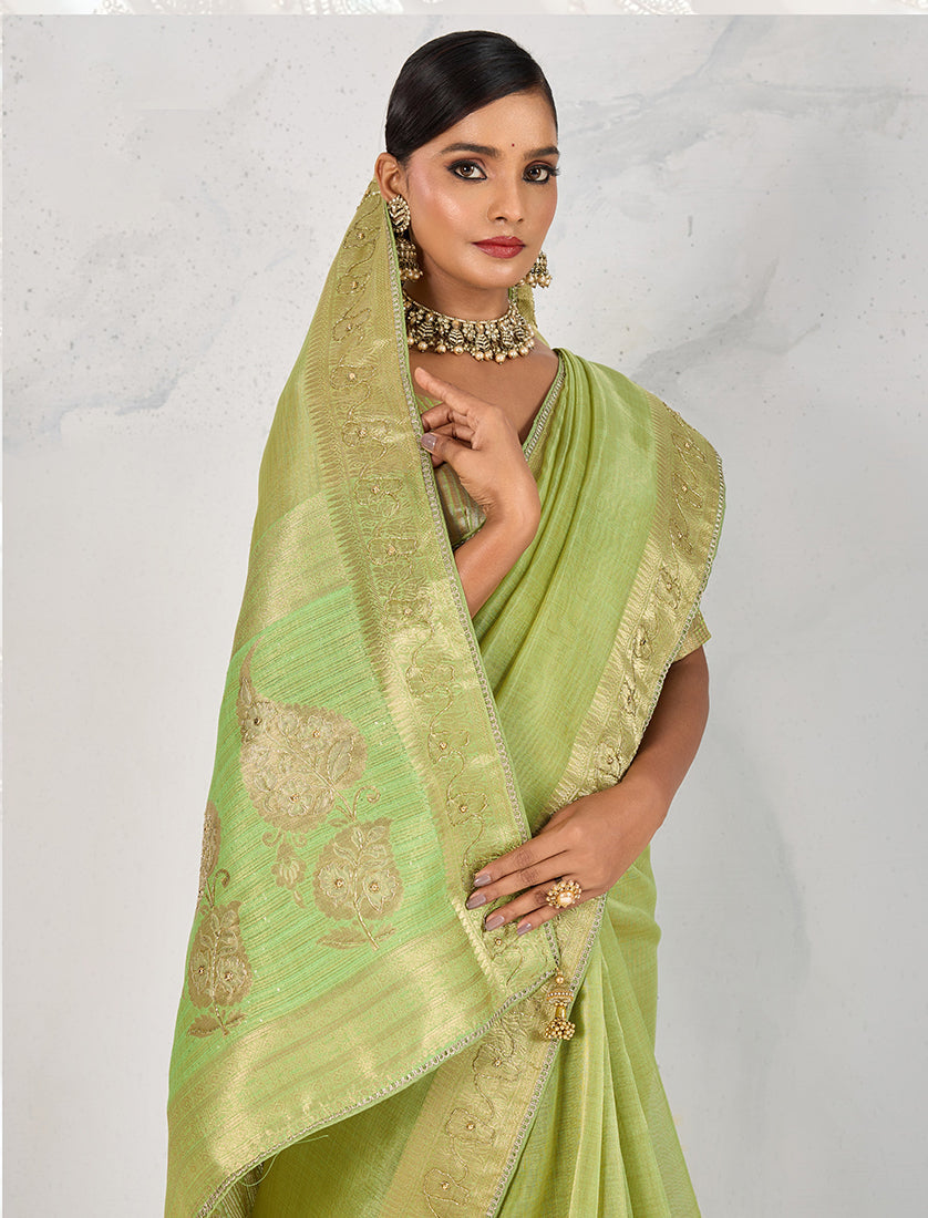 Monjolika Fashion Tissue Linen Parrot Green Color Woven Classic Saree | Grocsy