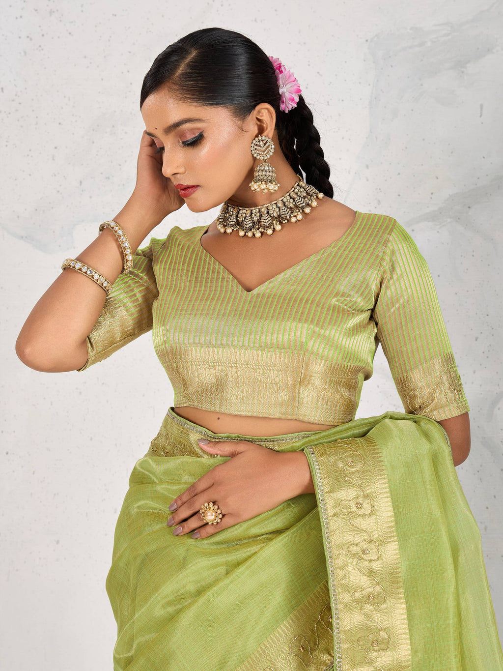 Monjolika Fashion Tissue Linen Parrot Green Color Woven Classic Saree | Grocsy